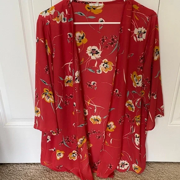 Floral Coral Kimono Cardigan - Picture 1 of 7